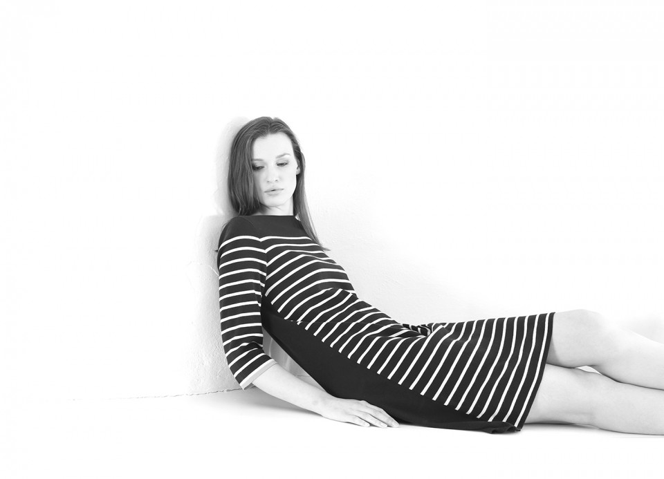 model in striped dress