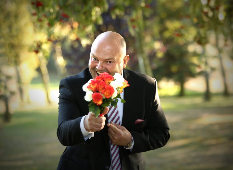 man with bouquet