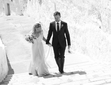 bride and groom on path - Santa Margarita Church