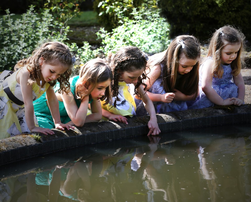 girls looking at pond