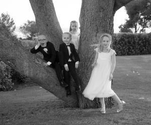 kids sit on tree at wedding