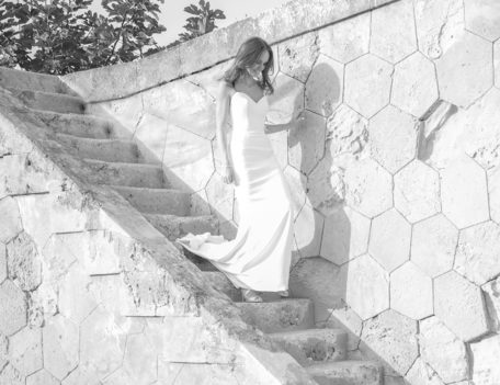 bride descends steps - Hotel Cap Rocat