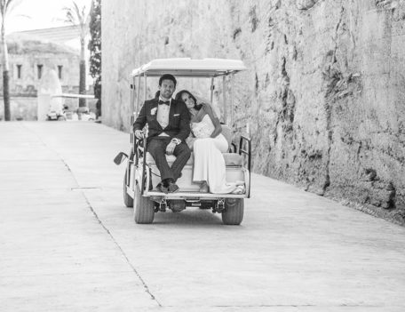 wedding couple in golf cart - Hotel Cap Rocat