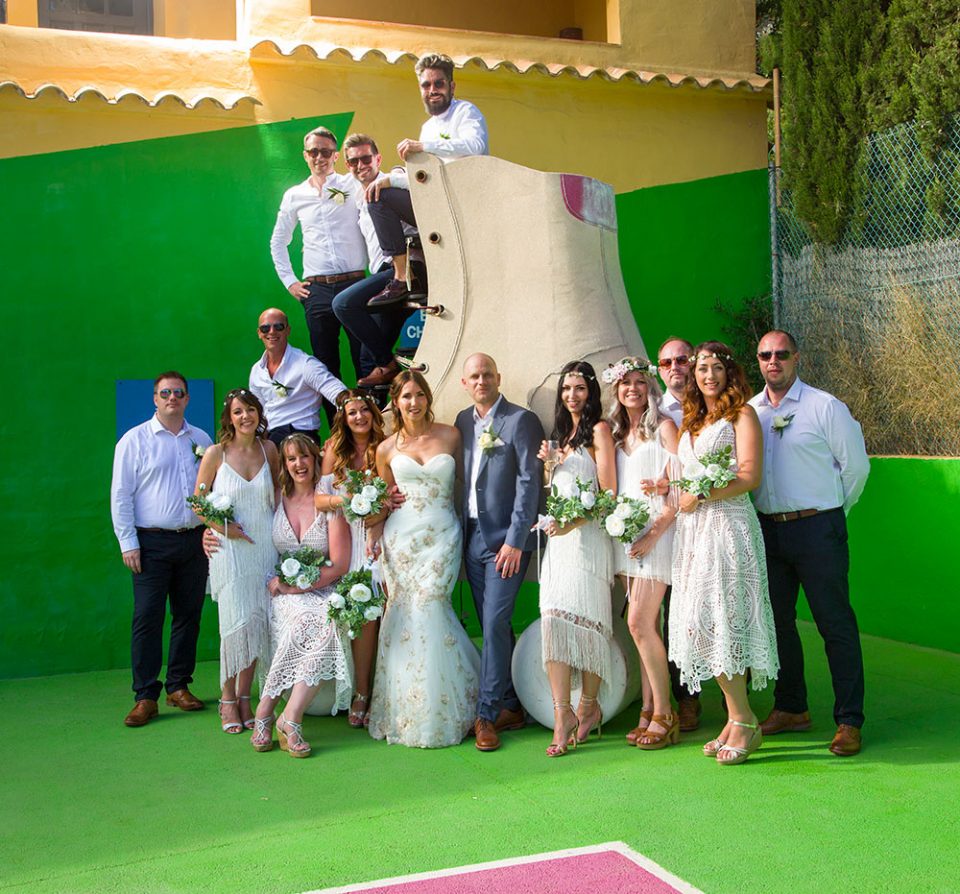 group wedding photograph on roller skate