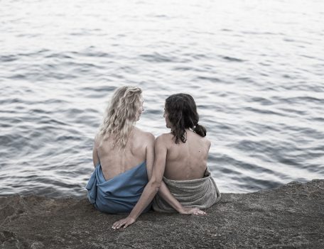 two women on rock by sea - Contax 645