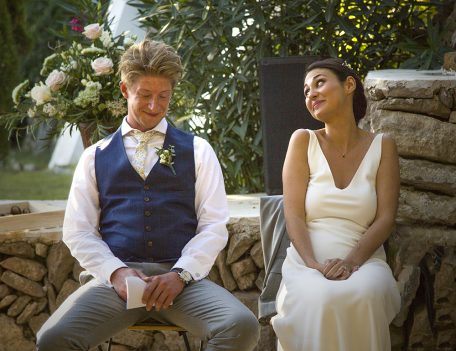 Wedding couple sat in garden - Villa Son Temet