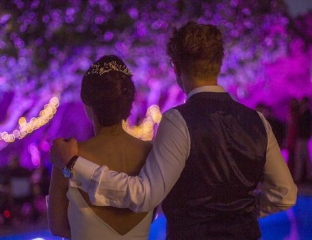 The back of bride and groom at the wedding reception - Villa Son Temet